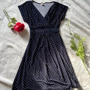 Navy & White Polka Dot Faux-Wrap Midi Dress | Size S | Business Casual Dress